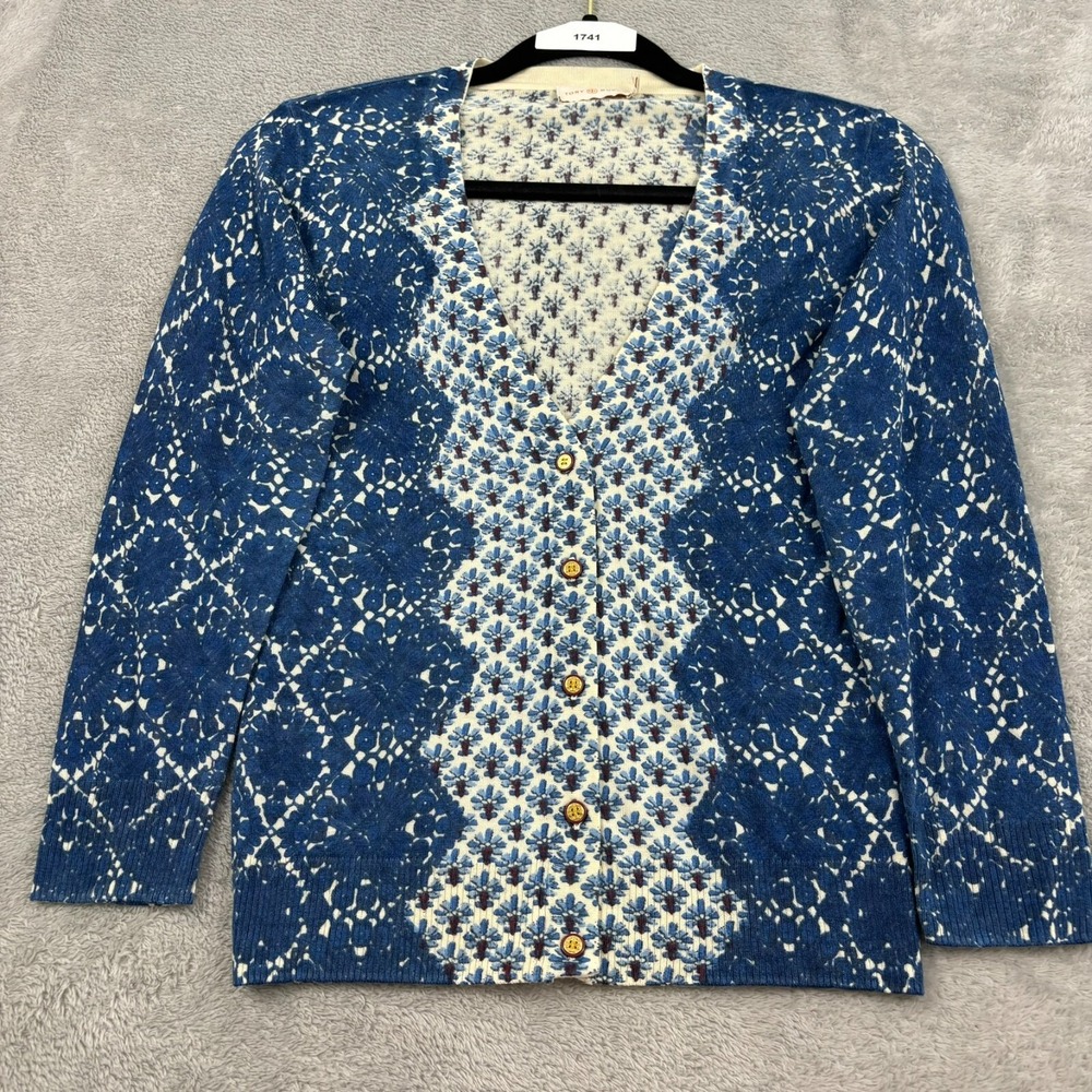 Tory Burch 100% Wool Cardigan Sweater Womens XS Blue Geometric Old Money Classic